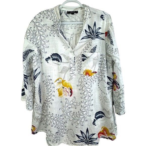 CHARLIE B Tops - Charlie B White 100% Cotton Floral Tunic Top Made in Italy 3/4 Sleeve XL